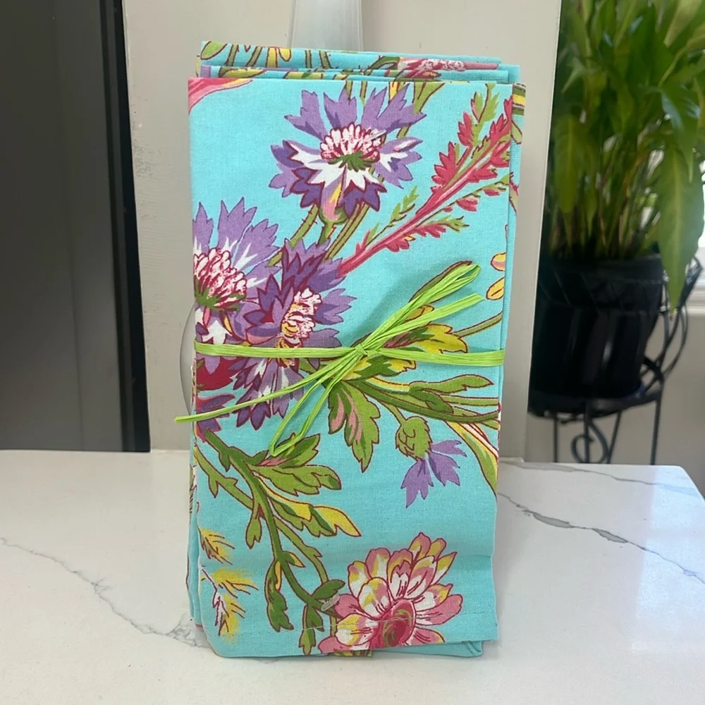 April Cornell WILDFLOWERS Napkins Aqua / Pink Set of 4 100% Cotton NWT
